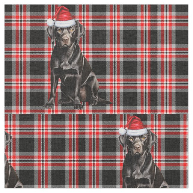 Cute Black Lab Santa Dog on Red Plaid Christmas Fabric (Close Up)