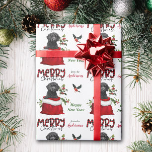 Cute Black Labradoodle Dog in Christmas Gift Bag Wrapping Paper