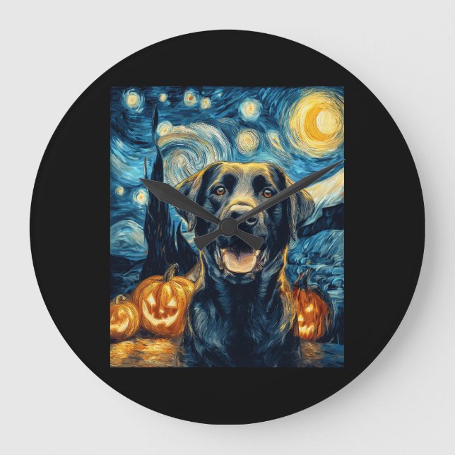 Cute Black Labrador Dog Halloween Jack O Lantern P Large Clock (Front)