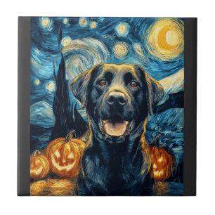 Cute Black Labrador Dog Halloween Jack O Lantern P Tile