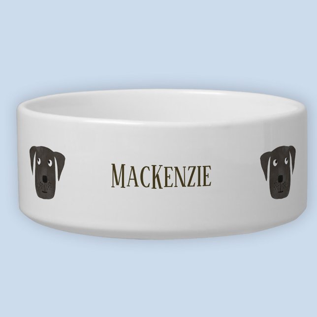Cute Black Labrador Retriever Dog Custom Name Bowl (Fun Black Labrador Retriever Dog personalized name pet bowl)