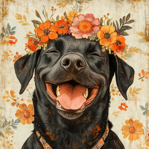 Cute Black Labrador Retriever Dog Orange Floral Tote Bag