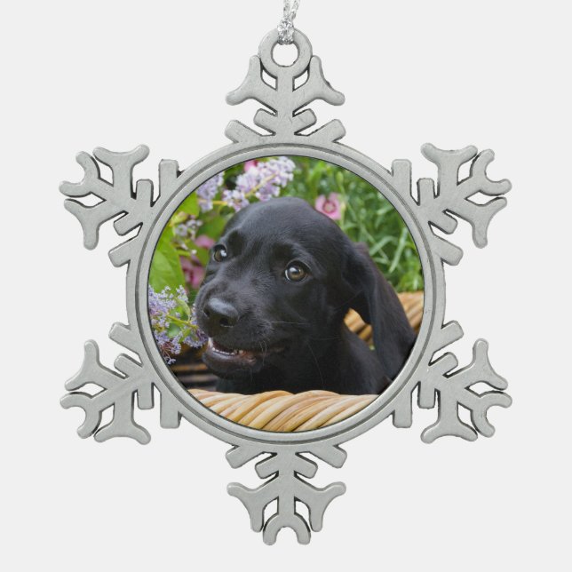 Cute Black Labrador Retriever Dog Puppy Photo * Snowflake Pewter Christmas Ornament (Front)
