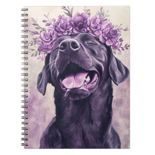 Cute Black Labrador Retriever Dog Purple Floral Notebook