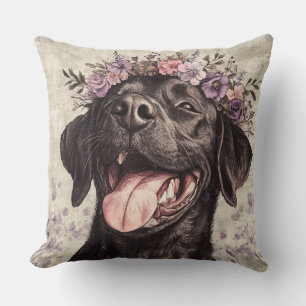 Cute Black Labrador Retriever Purple Floral Cushion