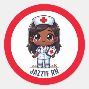 Cute Black Manga Nurse Cartoon Personalised Classic Round Sticker