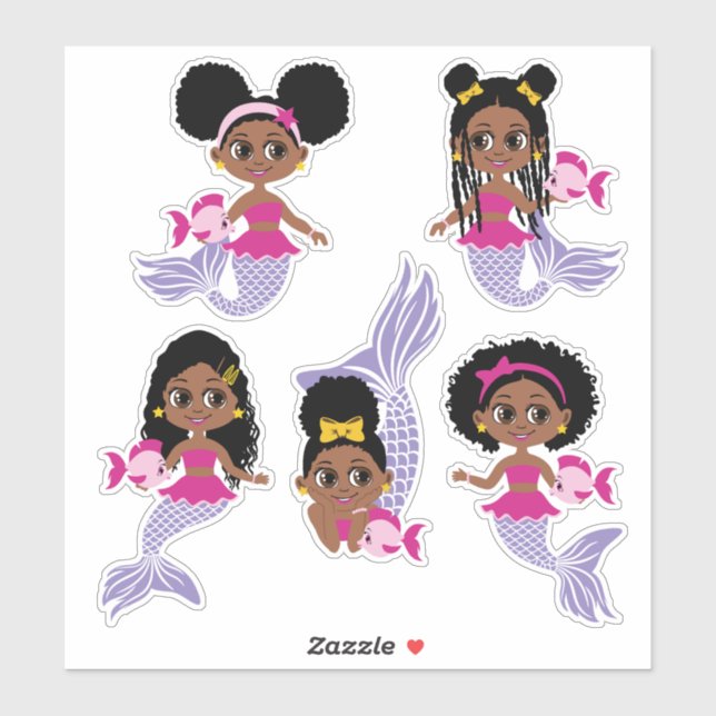 Cute Black Mermaid Girl Sticker Sheet (5 Pcs) (Sheet)