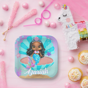 Cute Black Mermaid Princess Under the Sea Paper Plate