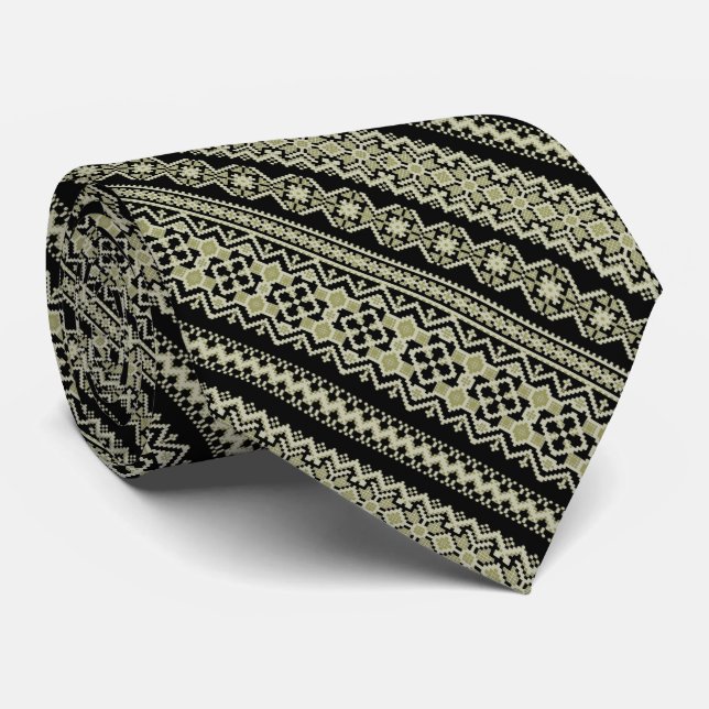 Cute black olive ukrainian ornament background tie (Rolled)
