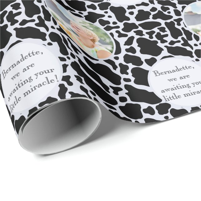 Cute Black on Blue Cowhide Print Photo Sentiment Wrapping Paper (Roll Corner)