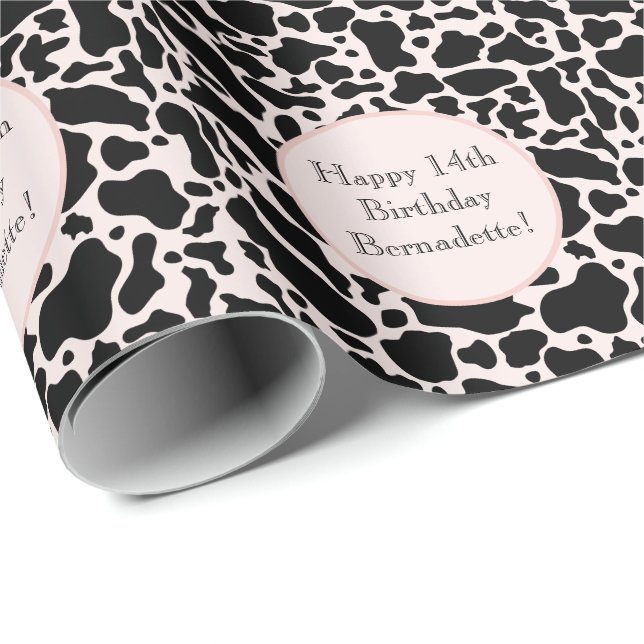 Cute Black on Pink Cowhide Print Farm Animal Text Wrapping Paper (Roll Corner)
