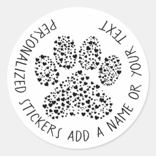 Cute Black on White Heart Filled Paw Personalised Classic Round Sticker