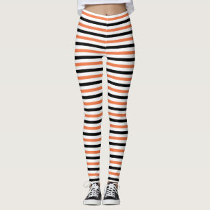 Cute Black Orange & White Stripe Pattern Halloween Leggings