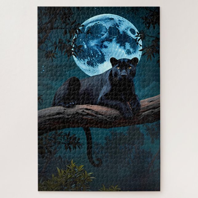 Cute Black Pantha laying on Tree Blue Moon Jigsaw Puzzle (Vertical)