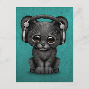 Cute Black Panther Cub Dj Wearing Headphones Blue Postcard