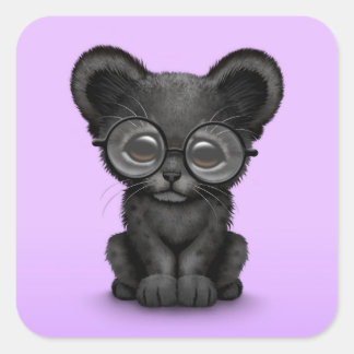 Cute Black Panther Cub Wearing Glasses on Purple Square Sticker
