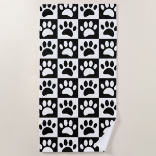Cute Black Paw Print Chequerboard Pattern  Beach Towel