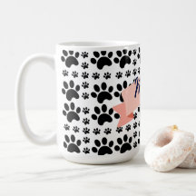 Cute Black Paw Print Pattern & Peach "Meow" Ribbon