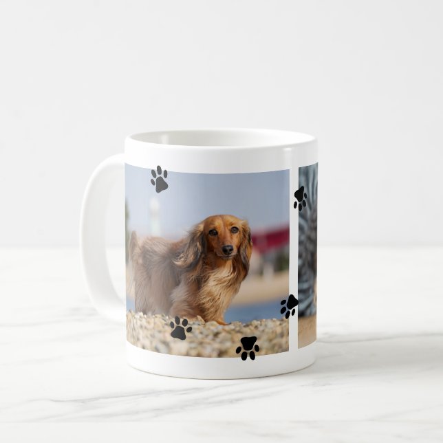 Cute Black Paw Prints 2 Pet Photos Coffee Mug (Front Left)