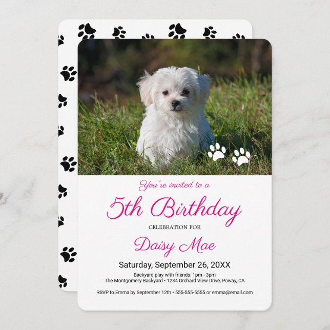 Cute Black Paw Prints Custom Pet Birthday Photo Invitation (Front/Back)