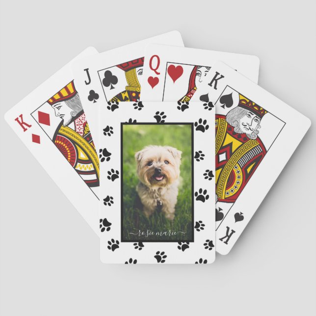 Cute Black Paw Prints Name Photo Playing Cards (Back)