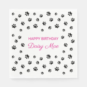 Cute Black Paw Prints Pink Pet Birthday Party Napkin