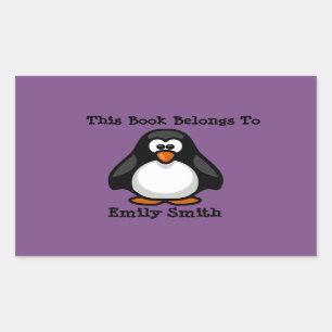 Cute Black Penguin on Purple Book Name Plate Rectangular Sticker