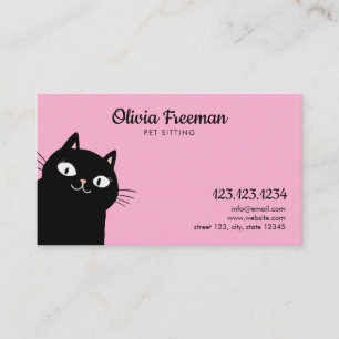 Cute Black & Pink Cat Illustration Pet Sitting Business Card