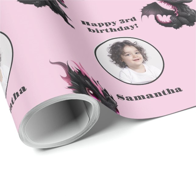 Cute Black Pink Chibi Dragon Custom Photo Text Wrapping Paper (Roll Corner)