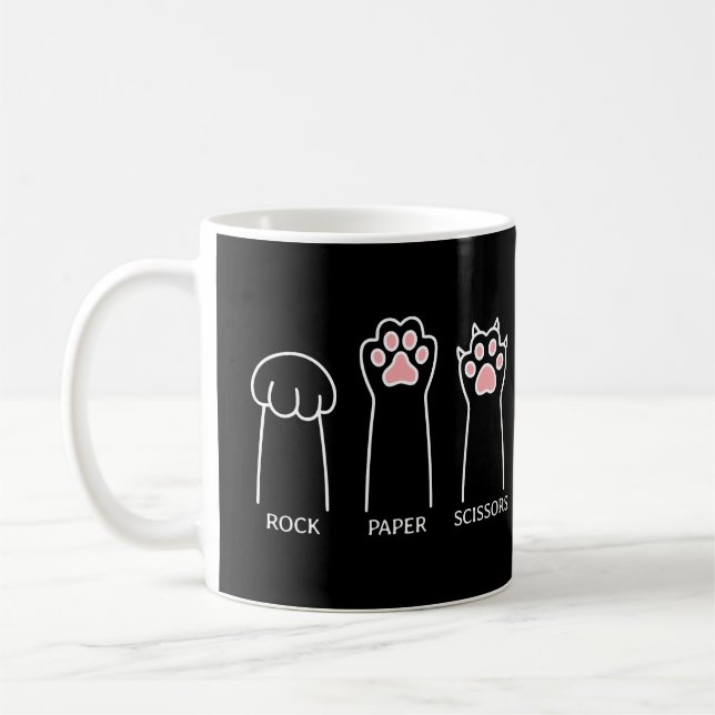 Cute Black Pink Funny Cat Rock Paper Scissors Meme Coffee Mug (Left)