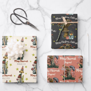 Cute Black Pink Mushroom Christmas Custom Name Wrapping Paper Sheet
