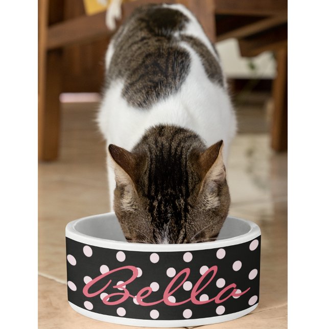 Cute Black Pink Polka Dots Cat Kitty Pet Name Food Bowl (Cute Black Pink Polka Dots Cat Kitty Pet Name Food Bowl)