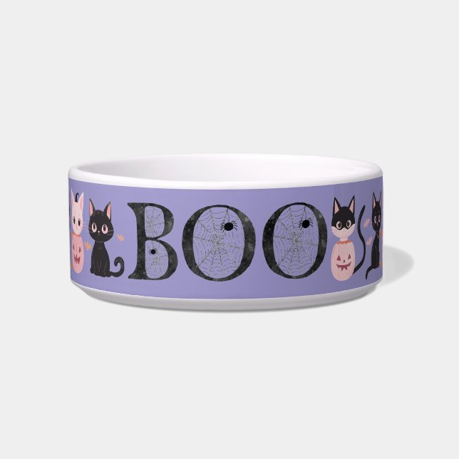 Cute Black Pink Purple Halloween Boo Cat Feeding Bowl (Front)