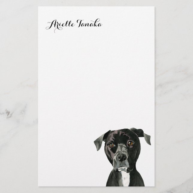 Cute Black Pitbull Dog Deep in Thought Stationery (Front)