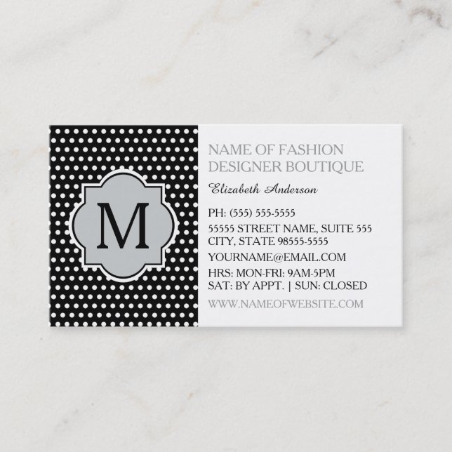 Cute Black Polka Dots With Girly Monogram Boutique Business Card (Front)