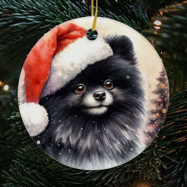 Cute Black Pomeranian Watercolor Christmas Ceramic Tree Decoration (Creator Uploaded)