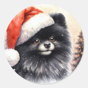 Cute Black Pomeranian Watercolor Christmas Classic Round Sticker