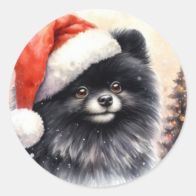 Cute Black Pomeranian Watercolor Christmas Classic Round Sticker (Front)