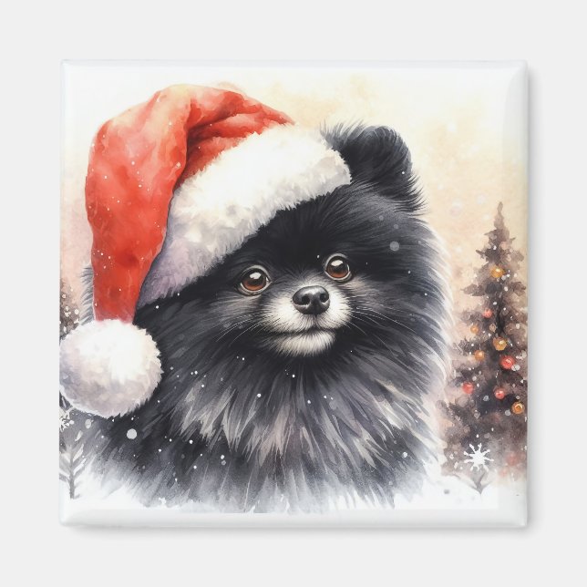 Cute Black Pomeranian Watercolor Christmas Magnet (Front)