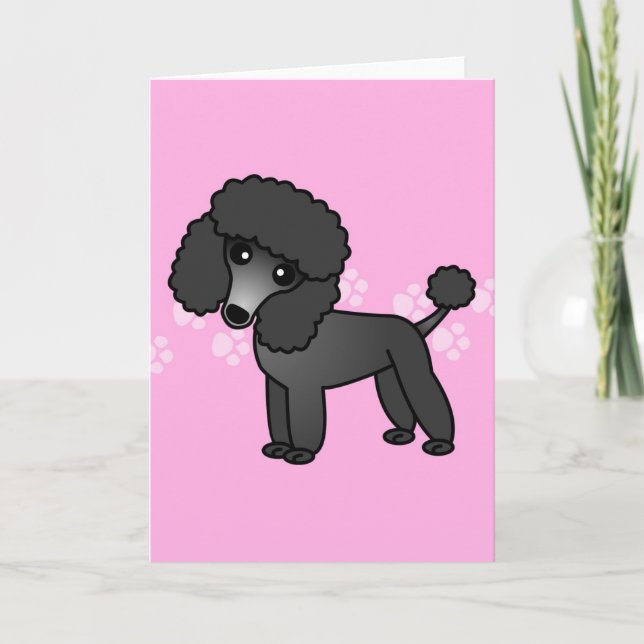 Cute Black Poodle Cartoon - Pink Pawprint Card (Front)