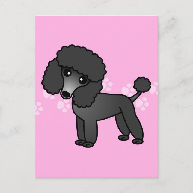 Cute Black Poodle Cartoon - Pink Pawprint Postcard (Front)