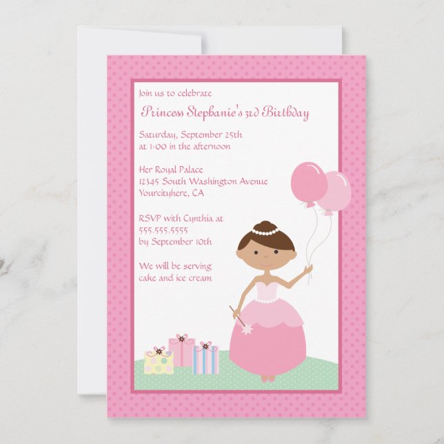 Cute black princess birthday party invitation (Front)