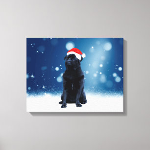 Cute Black Pug Dog Christmas Santa Hat Snow Stars Canvas Print