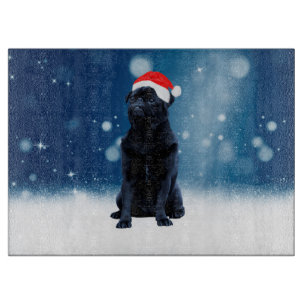 Cute Black Pug Dog Christmas Santa Hat Snow Stars Cutting Board