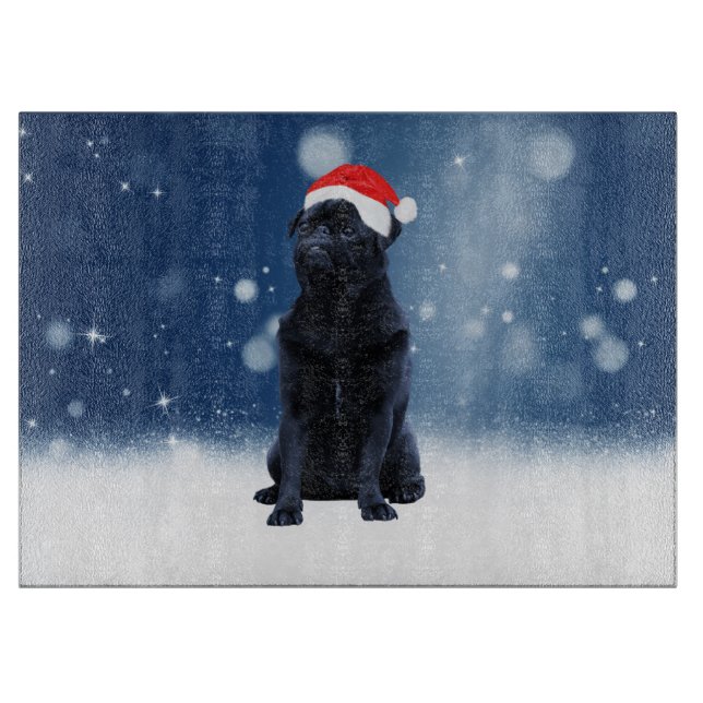 Cute Black Pug Dog Christmas Santa Hat Snow Stars Cutting Board (Front)