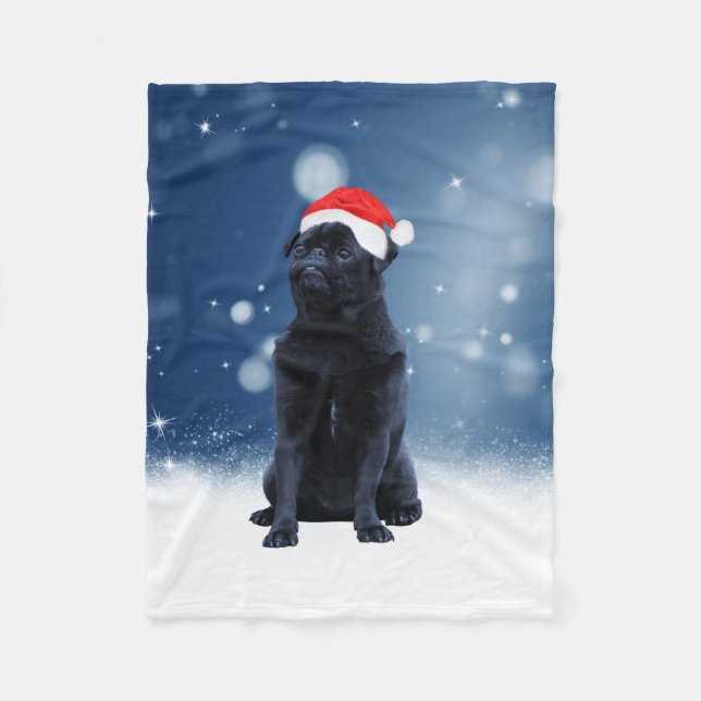 Cute Black Pug Dog Christmas Santa Hat Snow Stars Fleece Blanket (Front)