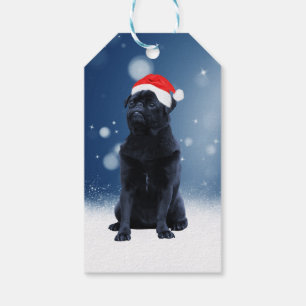 Cute Black Pug Dog Christmas Santa Hat Snow Stars Gift Tags