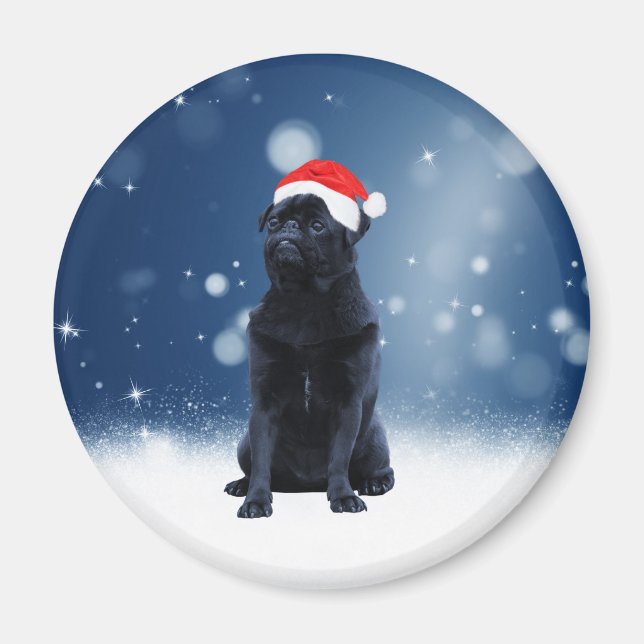 Cute Black Pug Dog Christmas Santa Hat Snow Stars Magnet (Front)