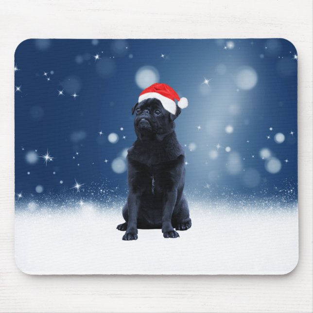 Cute Black Pug Dog Christmas Santa Hat Snow Stars Mouse Mat (Front)
