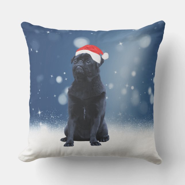 Cute Black Pug Dog Christmas Santa Hat Snow Stars Outdoor Cushion (Front)
